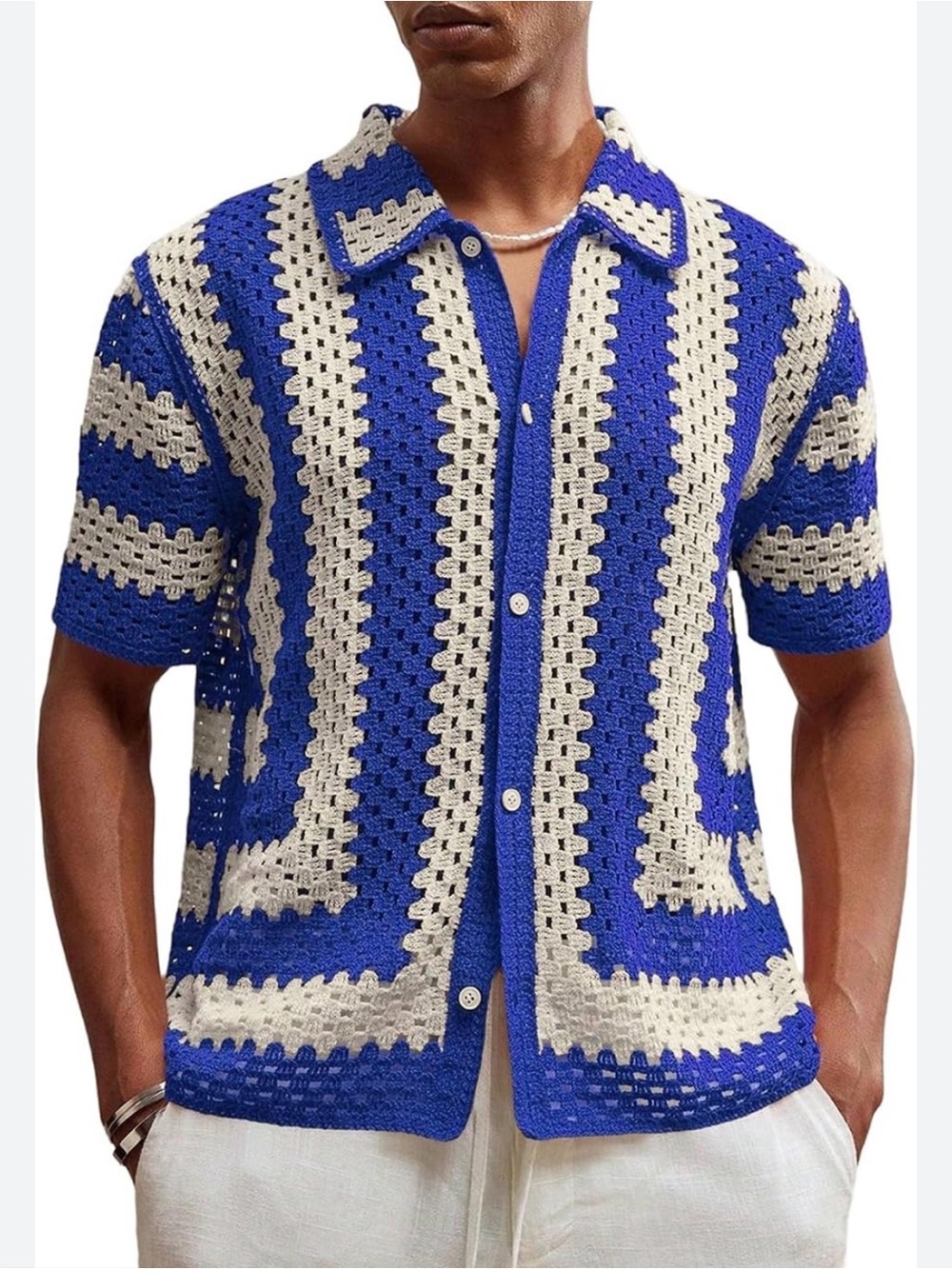 Men’s Blue Ivory Crochet Knit Shirt Retro Resort Open Weave Button Up